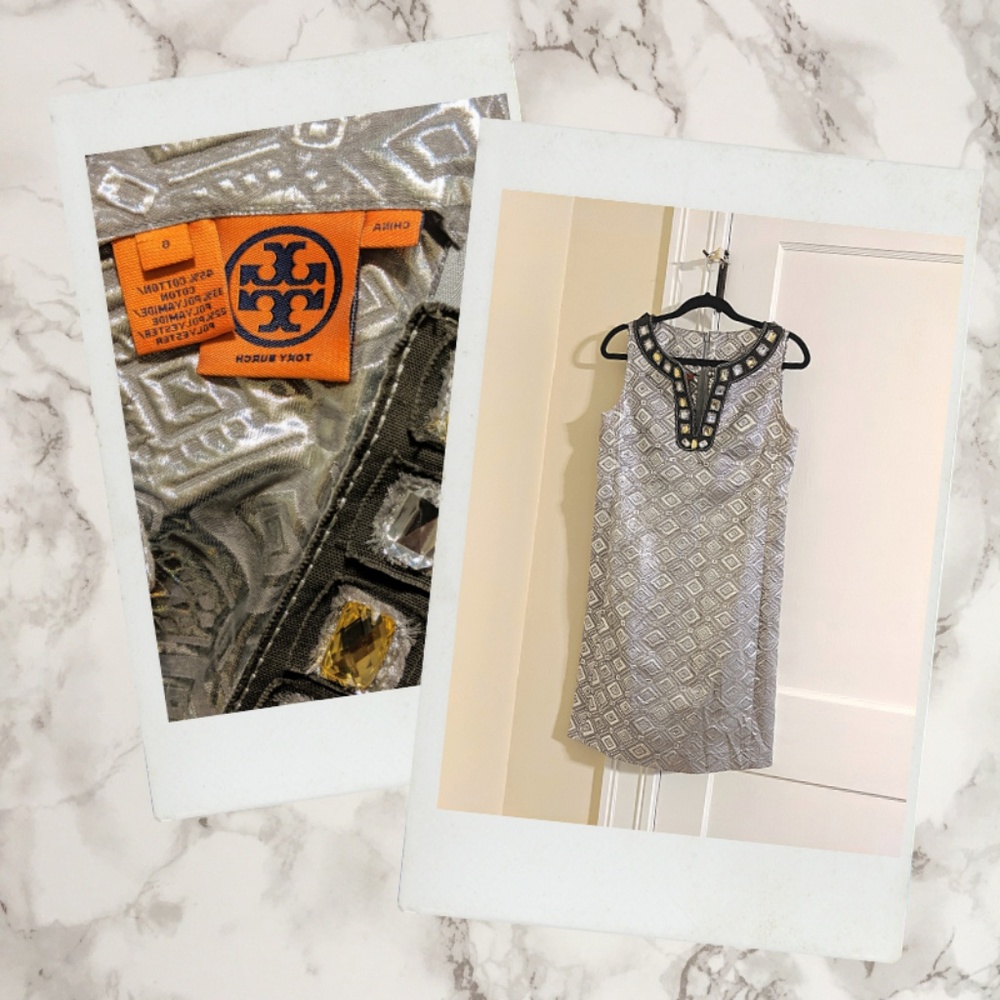 Tory Burch ▪ Metallic Shift Dress, Jeweled Collar